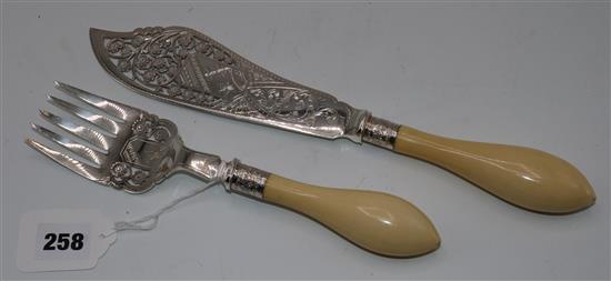 Pair Victorian plated and engraved ivory fish servers